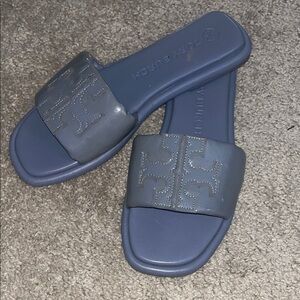 Tory Burch Slate Blue Logo Slide Sandals